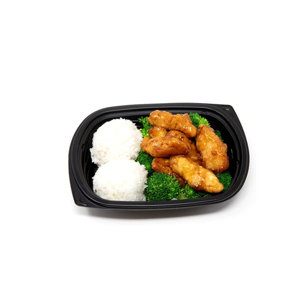 Imperial Chinese's orange chicken with broccoli and white rice in a black takeout container.