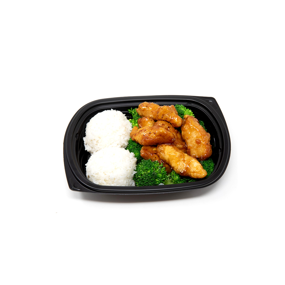 Imperial Chinese's orange chicken with broccoli and white rice in a black takeout container.