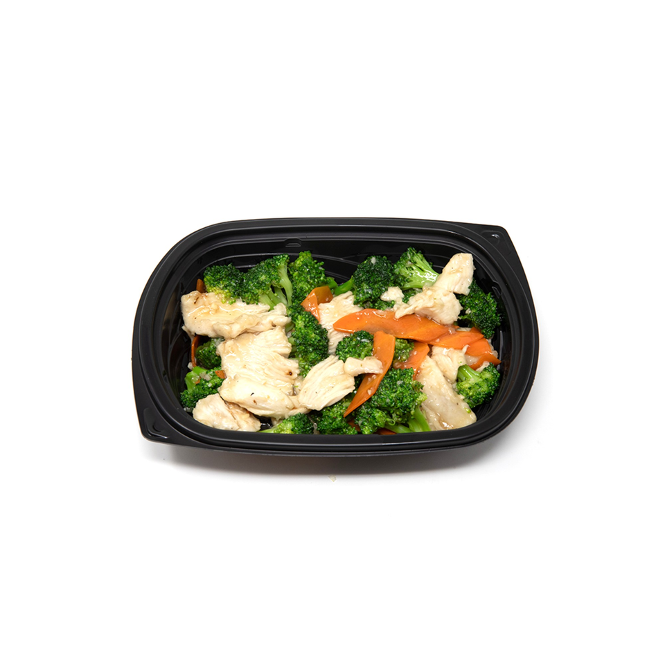 Imperial Chinese chicken and broccoli with carrots in a black takeout container.