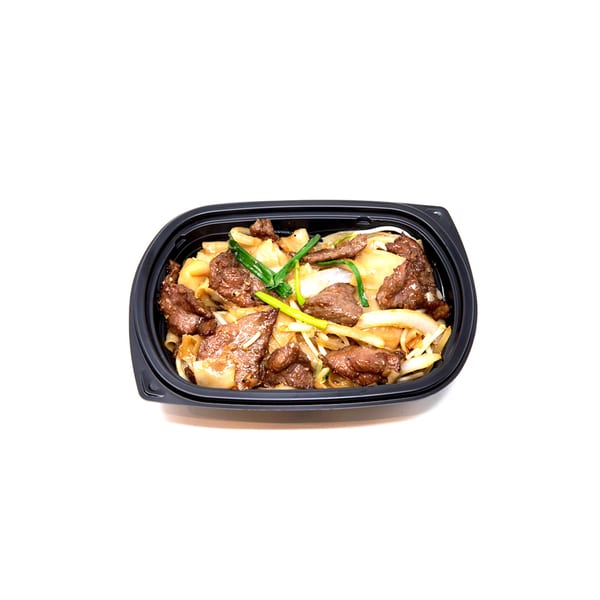 Imperial Chinese beef chow fun with wide noodles, onions, and green onions in a black takeout container.