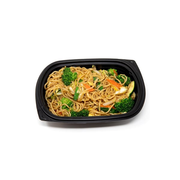 Imperial Chinese vegetable lo mein with noodles, broccoli, carrots, and zucchini in a black container.
