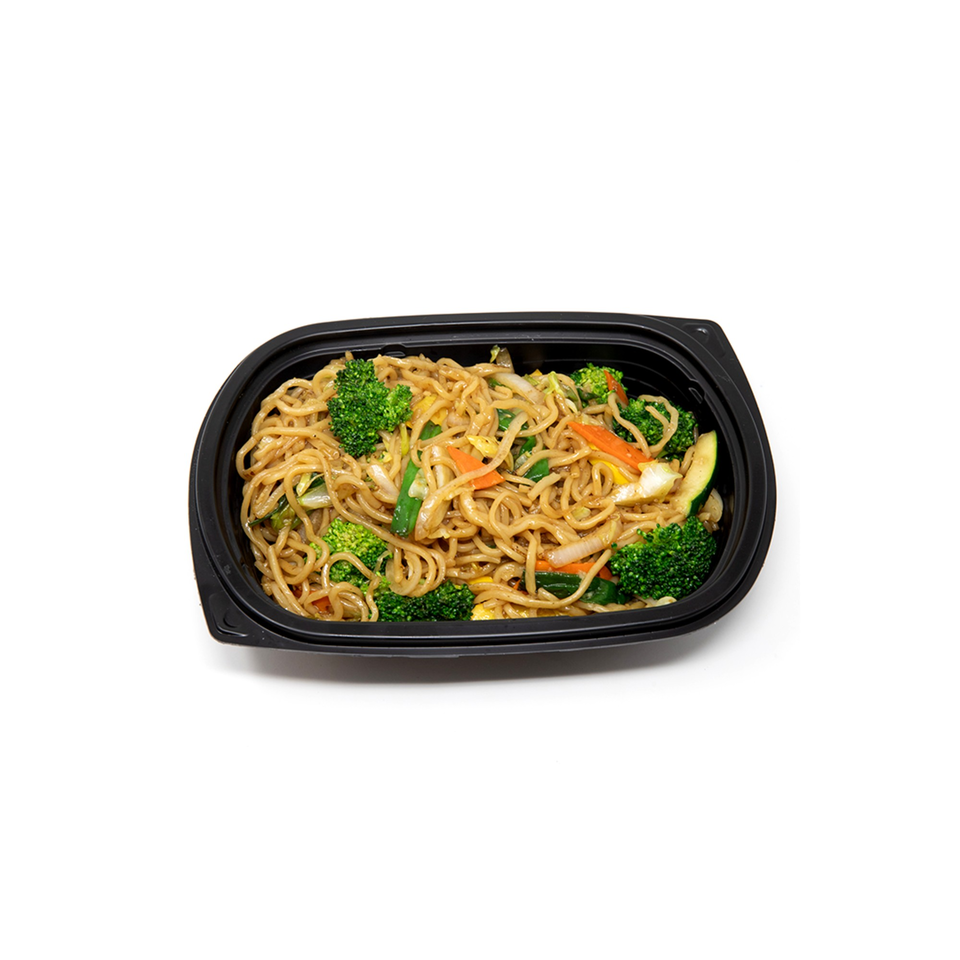 Imperial Chinese vegetable lo mein with noodles, broccoli, carrots, and zucchini in a black container.