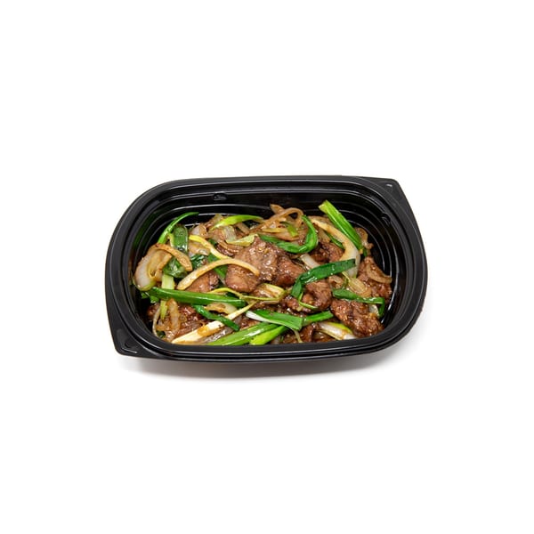 Imperial Chinese's beef and scallions in a black takeout container.