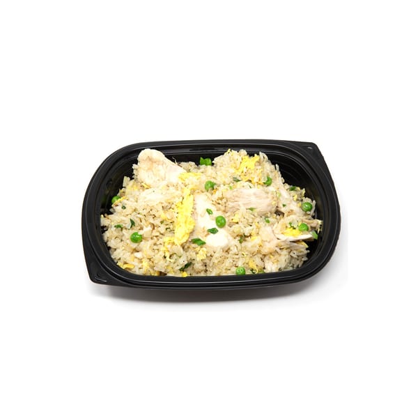 Imperial Chinese chicken fried rice with peas and scrambled egg in a black takeout container.