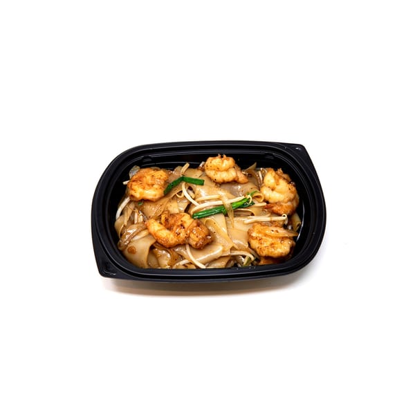 Imperial Chinese's shrimp chow fun with wide noodles, bean sprouts, and green onions in a black container.