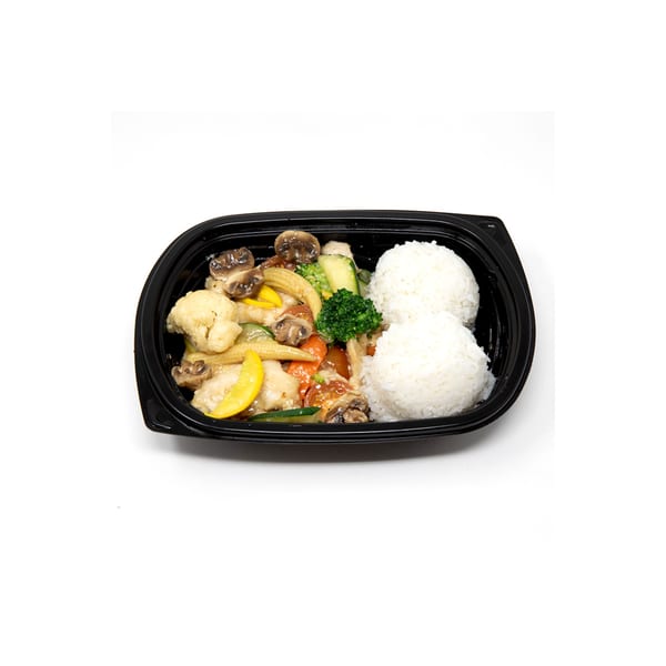 Imperial Chinese chicken and mixed vegetables with white rice in a black takeout container.