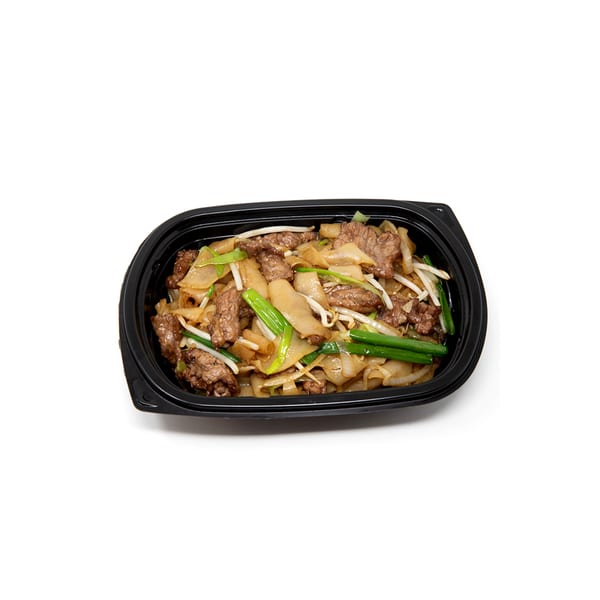Imperial Chinese's beef chow fun with wide noodles, beef, bean sprouts, and green onions in a black container.