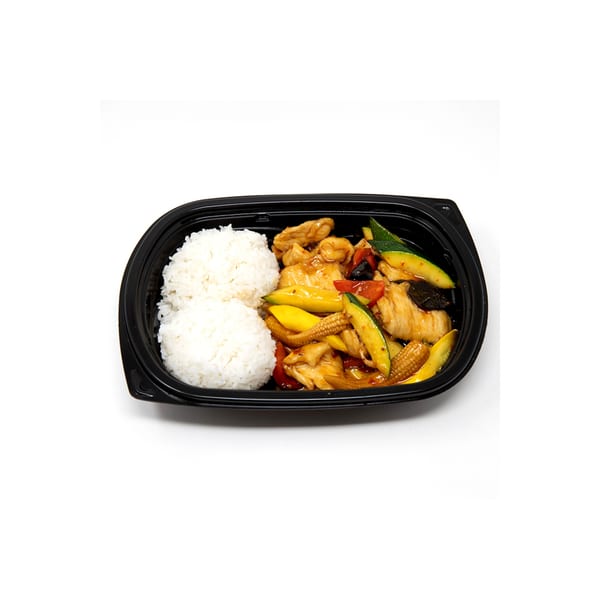 Imperial Chinese chicken stir-fry with zucchini, baby corn, and red peppers, served with white rice.